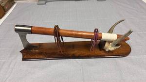 lot 49 image: Tomahawk Axe with Wooden Handle Marked L&C 1805 on Display Stand with Antler