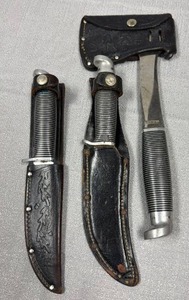 Western knives and hatchet with leather sheaths