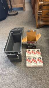 lot 125 image: Plastic ammo can with .22 ammo (closed boxes are full boxes)