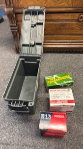 lot 126 image: Plastic ammo can with assorted ammo (closed boxes are full boxes)