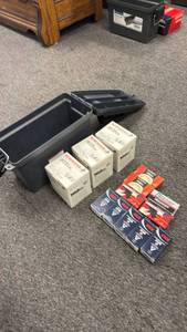 lot 128 image: Plastic ammo can with .22  ammo all full boxes