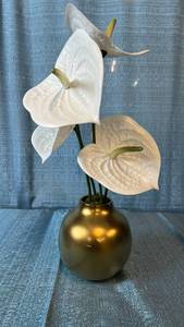 lot 2165 image: White Anthurium Artificial Flower Arrangement in Gold Vase