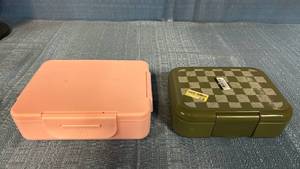 lot 8021 image: Set of 2 Kids Lunchboxes - One All In Motion Brand in Light Pink and Second One is Cat&Jack Brand in Olive Green with White Checkered Pattern on Lid