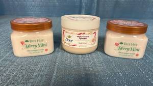 lot 8023 image: Tree Hut Merry Mint Shea Sugar Scrub & Dove Sugar Cookie Sprinkle Body Scrub Set of 3