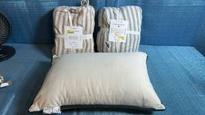 lot 8033 image: Parachute Home Bedding Bundle - Queen Linen Stripe Sheet Sets & Velvet Mini Lumbar Pillow
