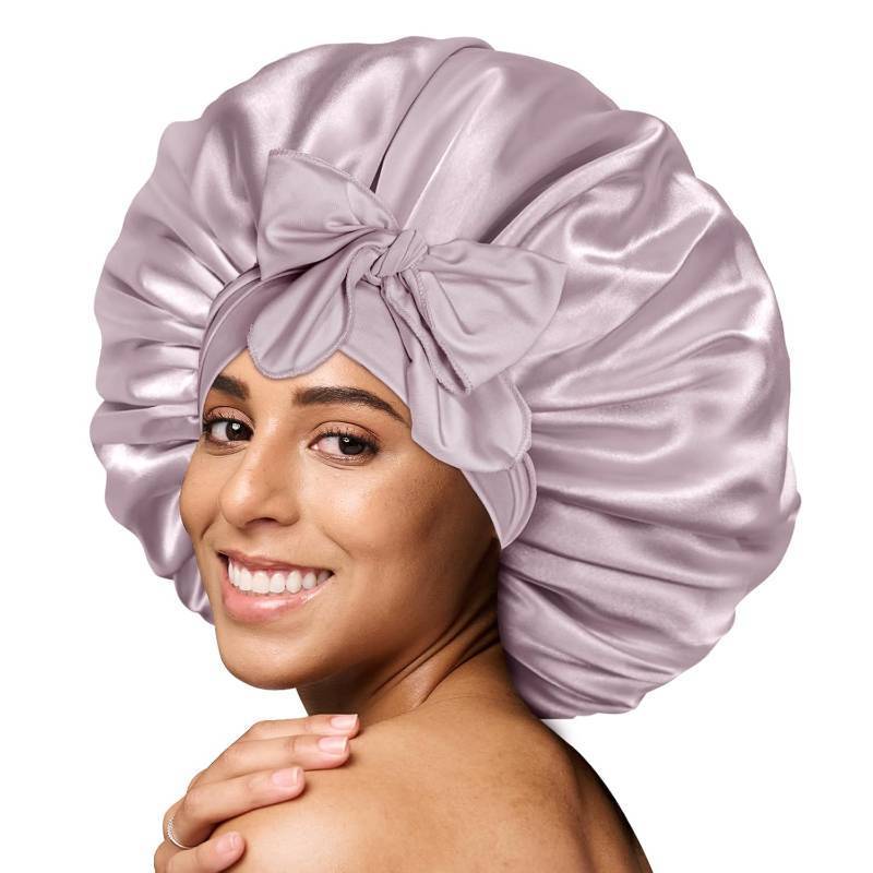 lot 65438 image: BONNET QUEEN XXL Large Silk Bonnet for Sleeping Women Big Satin Bonnet Night Sleep Cap Wrap for Curly Hai rwith Adjustable Tie Band, Grey Rose Gold