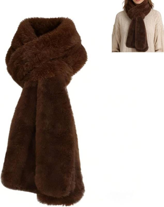 lot 67108 image: Faux Fur Scarf With Hidden Zipper Pocket For Cell Phone And Valuables, Pull Through Scarf, Brown, For Winter Warmth