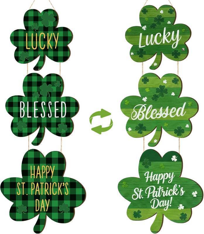 lot 67270 image: Yookeer St Patricks Day Decoration Wooden Shamrock Door Sign with Rope Shamrock Hanging Sign Lucky Clover Door Hanger Irish Hanging Decorations for Porch Wall Entryway Decor(Shamrocks)