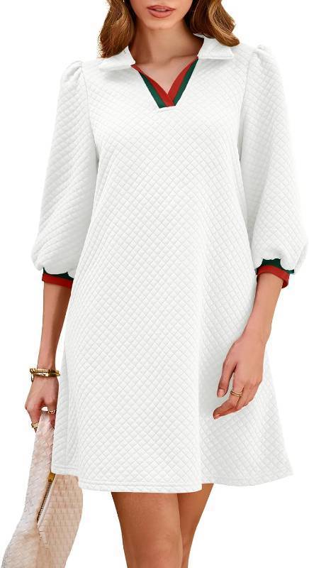 lot 67275 image: Wenrine Womens 34 Sleeve Mini Dress Casual V Neck Collared Textured Loose Fall A Line Argyle Dresses with Pockets