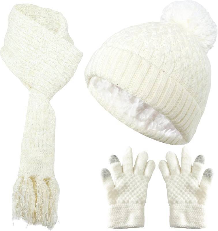 lot 67293 image: Heliltd 3pcs Kids Winter Hat Scarf Gloves Set Fleece Lined Knit Beanies with Pom Pom Warm Mittens for Boys Girls 3-12 Years
