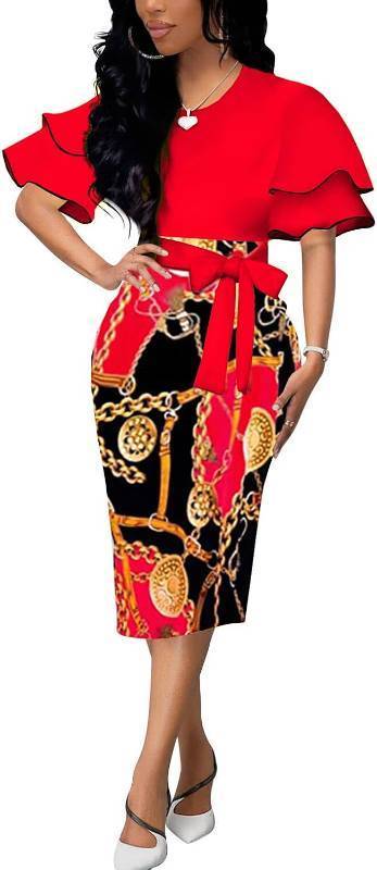 lot 67295 image: BOGURST Women Wave Short Sleeve Pencil Dress Fashion A-Line Bodycon Church Dresses