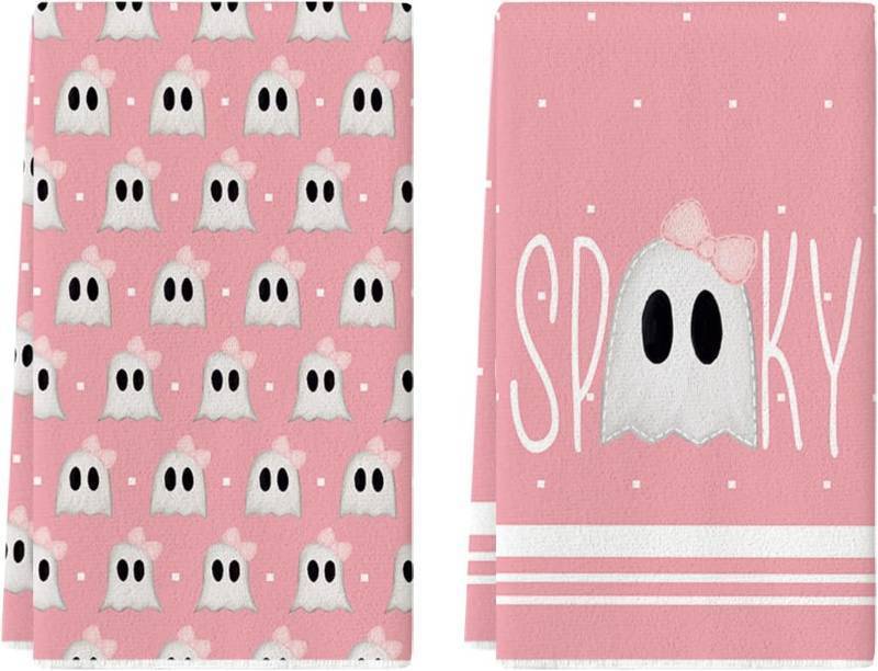 lot 67305 image: Artoid Mode Pink Ghost Spooky Halloween Kitchen Towels Dish Towels, 18x26 Inch Bow Knot Decoration Hand Towels Set of 2
