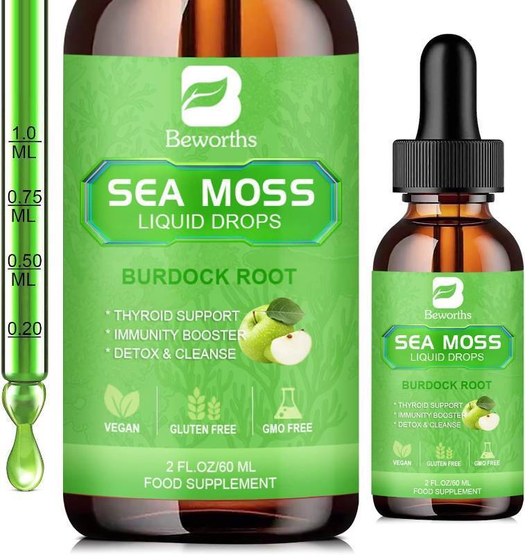 lot 65488 image: Sea Moss Liquid Drops - Organic Irish Sea Moss Gel with Burdock Root, ACV, Vitamin C, B12, Seamoss Gel Supplement for Boost Defense System, Detox Cleanse & Digestive Support - 2 Fl Oz