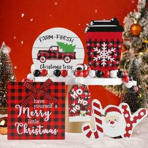 lot 65505 image: Christmas Decorations 5PCS Tiered Tray Decor Xmas Decor Wooden Signs Tabletop Decoration Red and Black Buffalo Plaid Joy Sign Table Decor with Beads Garland for Christmas Party Wood Signs