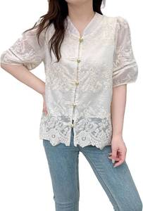 lot 65532 image: Womens Long Sleeve Sheer Floral Embroidered Through Button Down Blouse Lightweight Boho Crew Neck Shirts