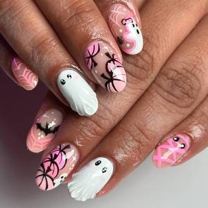 lot 65536 image: 24pcs Cute Press on Nail Halloween Fake Nails Pink with Pumpkin Mummy Bat designs Short Almond Press ones 3d Ghost Acrylic False Nails Reusable Glue on Nails for Women Party Manicure Decor