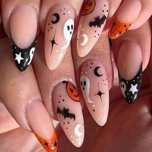 lot 65538 image: Halloween Press on Nails Almond Medium Fake Nails with Bat Ghost Star Designs Black Orange French Tip Nails Press ons Nude Acrylic Nails for Women 24Pcs