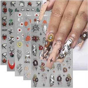 lot 65560 image: 5Pcs Halloween Nail Art Stickers Decals 3D Self-Adhesive Skull Halloween Nail Designs Strawberry Spider Ghost Sunflower Micro Carving Nail Stickers for Women Nail Art Decorations Accessories