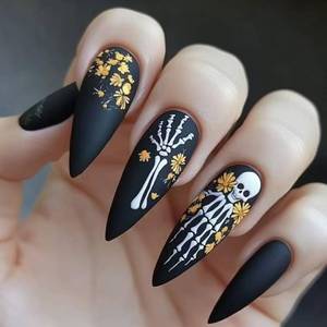 lot 65568 image: 24 Pcs Halloween Press on Nails Short Almond Nail Tips,YEFIUO Matte Fake Nails Press ons Acrylic Nail Kit Glue on Nails Full Cover Reusable False Nails for Maam Flower Skeleton Nail Art Decorations