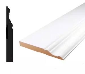 lot 31 image: Bundle of 2 Pieces Pro Pack 58 in. x 5-14 in. x 96 in. Primed White MDF Baseboard Moulding