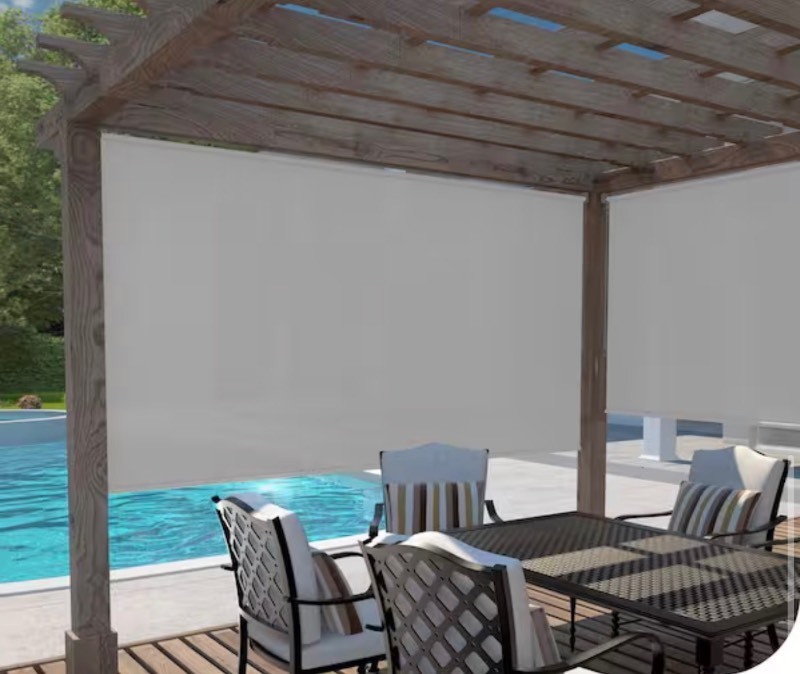 lot 20 image: Stone Cordless UV Blocking Fade Resistant Fabric Exterior Roller Shade 72 in. W x 96 in. L Retails $124