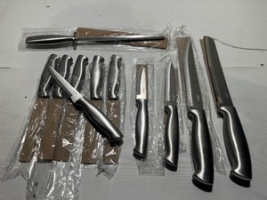 lot 149 image: Oster Stainless Steel Kitchen Knives - Professional Quality - Matching Handles - 11 Knives Total, 6 Stk, sharpener, 4 Specialty