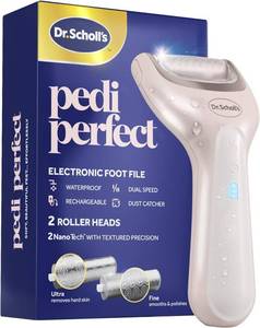 lot 18468 image: Dr. Scholls Pedi Perfect Electric Foot Callus Remover, Waterproof, Rechargeable with x2 Roller Heads, Removes Hard Skin for Soft Beautiful Feet, 90 Minute Run Time, Dust Catcher, Pedicure Tools