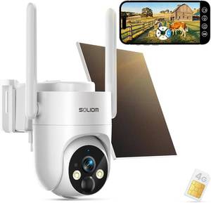 lot 18473 image: SOLIOM 4G LTE Cellular Security Camera, No WiFi Security Camera for Remote Areas, Solar Powered Wireless Outdoor Camera, 2K Color Night Vision, 360  Pan & Tilt, PIR Motion Detection, Off-Grid S90