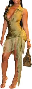 lot 18495 image: Ryehack Womens Sexy 2 Piece Bodycon Mini Dress Set Sleeveless V Neck Button Up Bodysuit Fringe Skirt for Club Birthday Party SIZE S