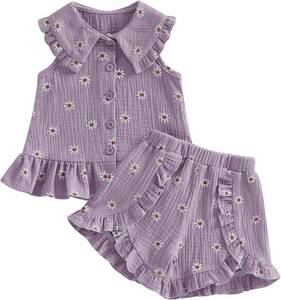 lot 18499 image: Toddler Baby Girl Summer Clothes Daisy Print Soft Muslin Cotton Ruffle Collared Sleeveless Tank Top Shorts Set 4-5 years