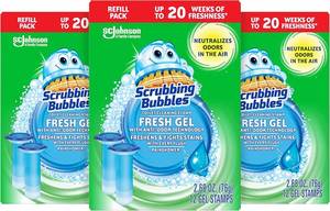 lot 18510 image: Scrubbing Bubbles Fresh Gel Toilet Bowl Cleaning Stamps Refills, Helps Keep Toilet Clean and Helps Prevent Limescale & Rings, Rainshower Scent, 12 Stamps (Pack of 3)