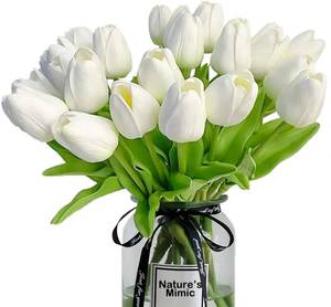 lot 18512 image: 20pcs White Tulips Artificial Flowers 13 Inch PU Fake Flowers Fake Tulips for Mothers Day Easter in Home Wedding Office Party Table Decoration