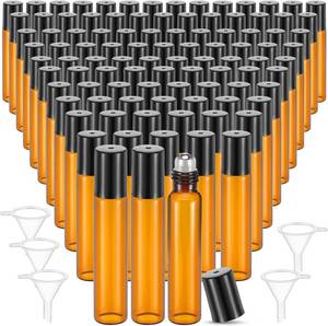 lot 18530 image: 100 Pcs Essential Oil Roller Bottles 10ml Empty Glass Roller Bottles with Stainless Steel Balls Protection Leakproof with 5 Funnel for Travel Perfume Lip Gloss (Brown)