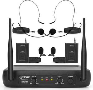 lot 18538 image: Pyle Dual Channel Wireless Microphone System - VHF Fixed Dual Frequency Wireless Mic Receiver Set with 2 Lavalier, 2 Headset Mics, 2 Transmitter, Receiver - For PA, Karaoke, Dj Party - Pyle PDWM2145
