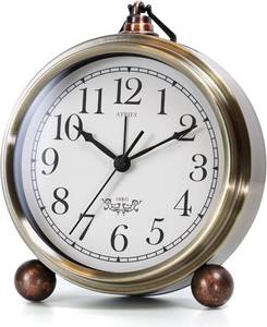 lot 18556 image: AYRELY  5.3 Vintage Analog Alarm Clock, Battery Operated Metal Desk Clock, Retro Table Clock with Light for Living Rooms, Bedrooms, Shelf, Home Decor (Gold)