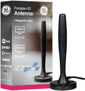 lot 18557 image: GE Portable HD TV Antenna, Indoor Digital Antenna for 1080p 4K 8K, VHF UHF Channels, 20 Mile Range, Magnetic Base, Compact Travel Design for RV, Camping, Tailgating, Black, 81843