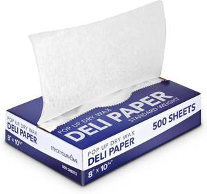 lot 18560 image: 500 Count Pre-Cut Deli Wax Wraps, 8 Heavy Duty Pop Up Dry Wax for Restaurant, Disposable Wrap for Burrito, Hot Dog or Sandwich, Stock Your Home