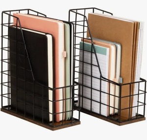 lot 18578 image: Vertical File Organizer with Wood Base and Black Metal Frame, Desktop Magazine Holder, Modern File Rack, Metal and Wood, Black