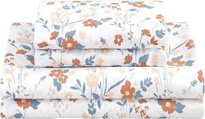lot 18588 image: Softan Floral Twin Size Sheet Set, Orange Flower Printed Bed Sheets for Girls, 3-Piece Microfiber Single Fitted Sheet with 15 Deep Pocket & Non-Slip Straps, Patterned Bedding Sheets & Pillowcase Set