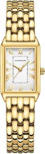lot 18593 image: Gold Watches for Women with Vintage Rectangular Case,White Roman Dial,Stainless Steel Band,Adjustment Tool Included,Water Resistant