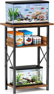 lot 18608 image: 10 Gallon Fish Tank Stand with Storage Shelves, 3-Tier Aquarium Stand with Rust-Proof Metal Frame, Heavy Duty Waterproof Reptile Turtle Tank Stand for Home Office Up to 150LBS, 21.5 L x 11.5 W x 30 H, Rustic Brown