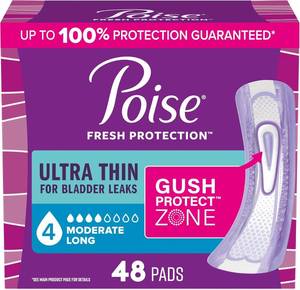 lot 18618 image: Poise Ultra Thin Incontinence & Postpartum Pads for Bladder Leaks, 4 Drop Moderate Absorbency, Long Length, 48 Count (Packaging May Vary)
