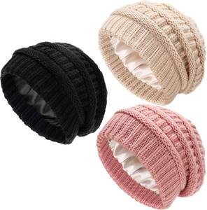 lot 18621 image: Ultrafun 3 Pack Satin Lined Beanie for Women, Slouchy Winter Hats with Silk Lined, Oversized Knit Warm Hat Skull Cap