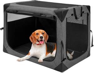 lot 18629 image: Hiaksedt Dog Crates - 36 Inch Collapsible Soft Dog Crate, 3-Door Foldable Soft Kennel for Large Dogs, Portable Pet Travel Cage with Chew Proof Mesh Window for Indoors & Outdoors Dark Gray