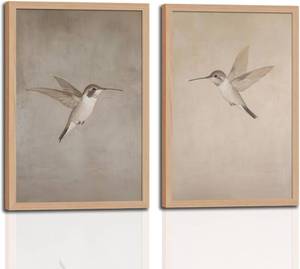 lot 18637 image: 2Pcs Framed Vintage Hummingbird Canvas Wall Art Prints - Vintage Botanical Bird Artwork - Ready to Hang Decorative Picture for Living Room, Bedroom, and Office 12x16in