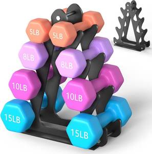 lot 18656 image: 4-Tier Dumbbell Rack for 1-15 lb Weights, Holds 5 Pairs Space-Saving Sturdy A-Frame Stand for Home Gym, Weight Rack for Womens Dumbbell Set (Dumbbell Rack Stand Only)