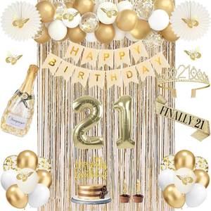 lot 18662 image: 51Pcs 21st Birthday Decorations for Her, Champagne Gold Happy 21st Birthday Decorations for Girls, 21 Sash and Crown, Banner, Fringe Curtains, Hanging Paper Fans, 21 Year Old Party Supplies Set