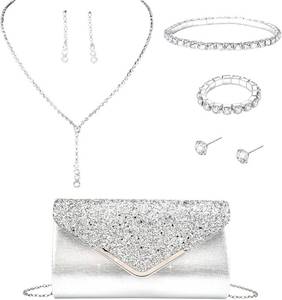 lot 18666 image: FABMODE 6 Pcs Silver Evening Clutch Purse for Wome with Rhinestone Jewelry Set - Perfect for Weddings, Proms, Parties, and Ideal Gift for Christmas or Birthday
