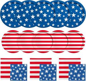 lot 18689 image: American Flag Patriotic Party Supplies Disposable dinner paper plates dessert paper plates Napkins and Cocktail napkins for Veterans Day Election Day 4th of July Independence Day Decorations, Serve 50