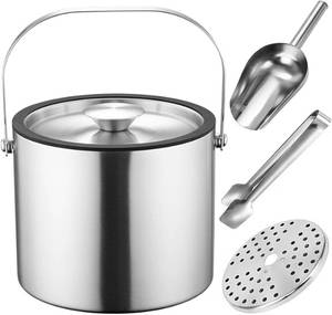 lot 22328 image: 3L Double-Wall Insulated Ice Bucket with Lid, Ice shovel &Tongs and Strainer, Stainless Steel Ice Bath Tub with Silicone Sealed Lid for Wine, Ice Buckets for Parties, Wine Chiller, Light Sliver